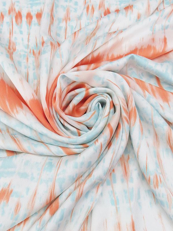 Sky Blue/White/Nectarine/Apricot 100% Polyester Tie-Dye Stripe Print Pebble Charmeuse - NY Designer - 58W