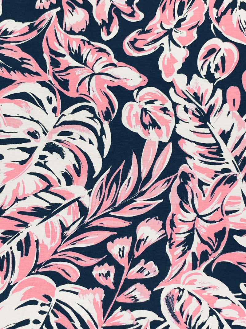 Cherry Blossom Pink/Dark Imperial Blue/White Rayon/Lycra Floral Print Jersey Knit - NY Designer - 64W