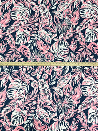 Cherry Blossom Pink/Dark Imperial Blue/White Rayon/Lycra Floral Print Jersey Knit - NY Designer - 64W