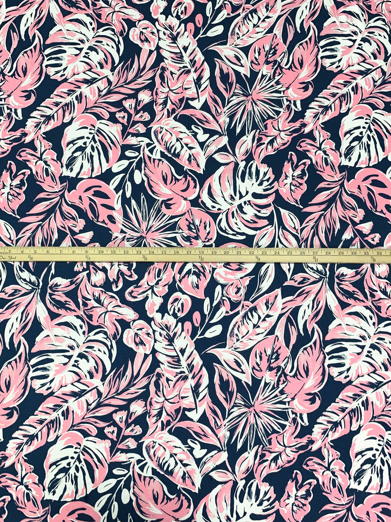 Cherry Blossom Pink/Dark Imperial Blue/White Rayon/Lycra Floral Print Jersey Knit - NY Designer - 64W