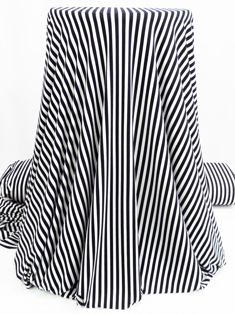 White/Navy Polyester/Lycra Vertical Stripe Print DTY Knit 60W