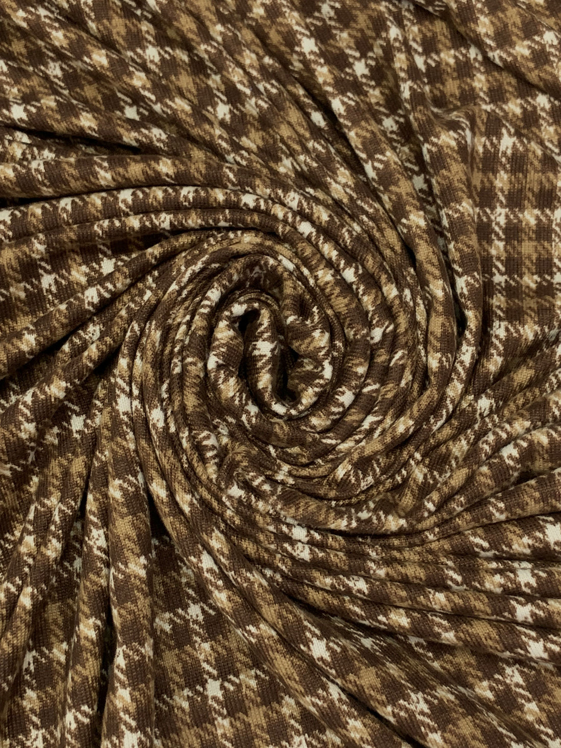 Earth Brown/Dark Tan/Off-White Polyester/Lycra Houndstooth Plaid Print Brushed Hacci Sweater Knit 60W