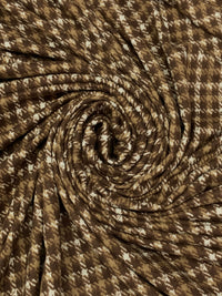 Earth Brown/Dark Tan/Off-White Polyester/Lycra Houndstooth Plaid Print Brushed Hacci Sweater Knit 60W