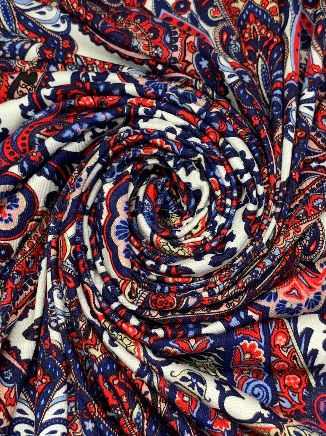 Deep Navy/Venetian Red/Alabaster/Black Rayon/Cotton/Lycra Ornate Scrolls Print Jersey Knit 56W