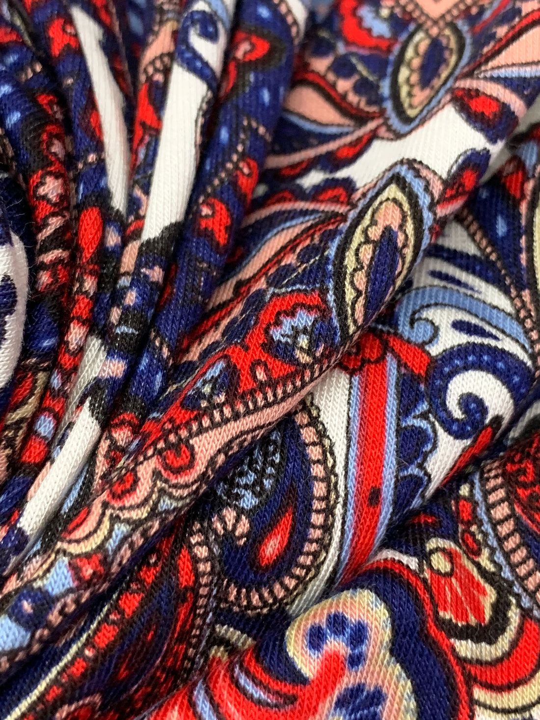 Deep Navy/Venetian Red/Alabaster/Black Rayon/Cotton/Lycra Ornate Scrolls Print Jersey Knit 56W