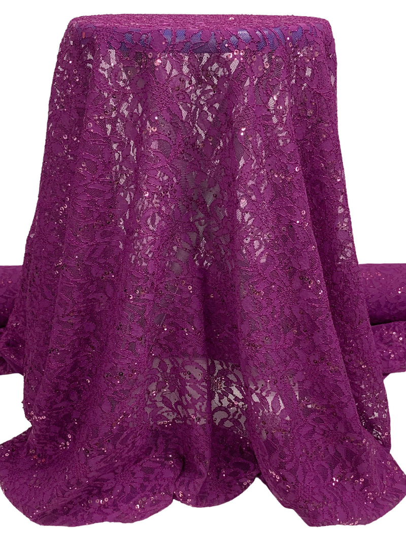 Twilight Lavender/Silver 100% Polyester Floral Corded Lace With Sequins - Famous Dress Designer - 54W