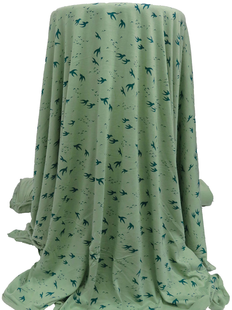 Dusty Asparagus/Deep Jungle Green 100% Rayon Various Bird Silhouette Print Jersey Knit 52W