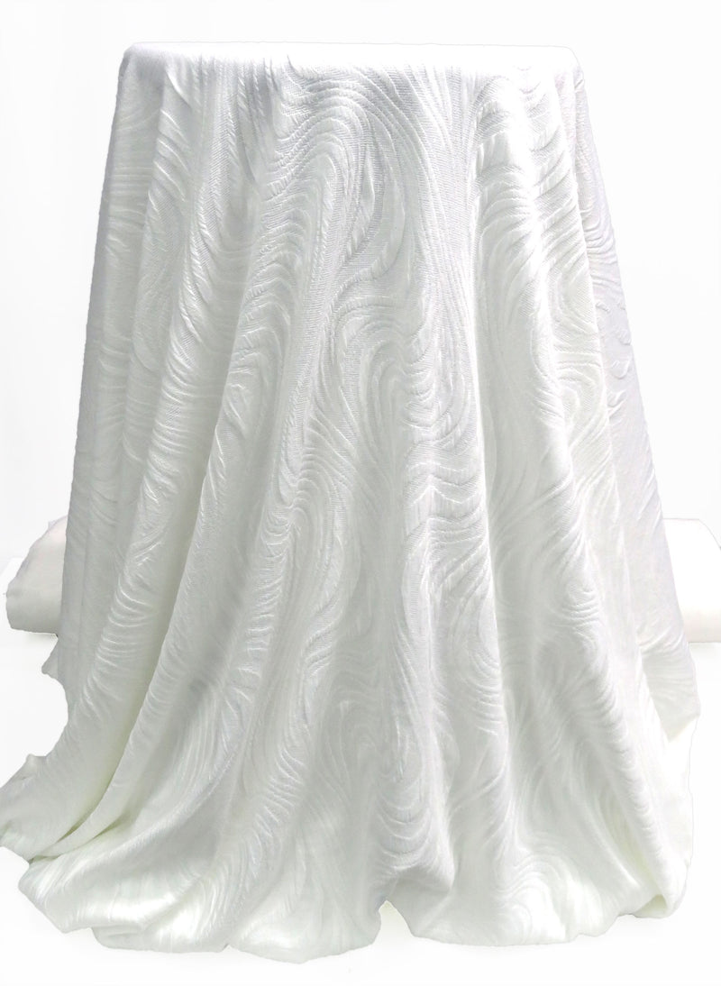 Daisy White Polyester/Lycra Abstract Meandering Waves Design Jacquard Double Knit - Famous Dress Designer - 56W