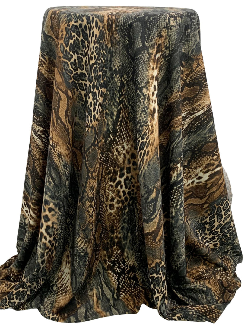 Pale Brown/Black/Off-White Polyester/Rayon/Lycra Multi Animal Print French Terry Knit 58W