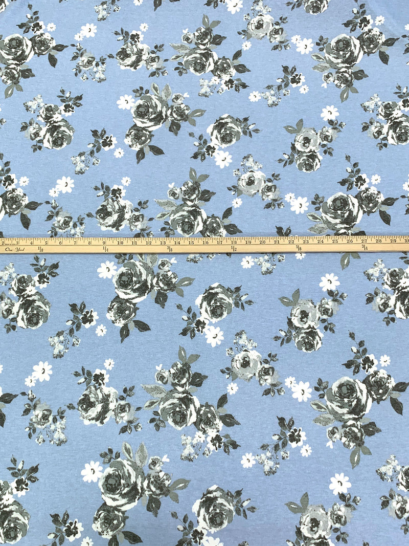 Light Steel Blue/Dark Moon Gray/White Polyester/Rayon/Lycra Floral Print French Terry Knit 56W