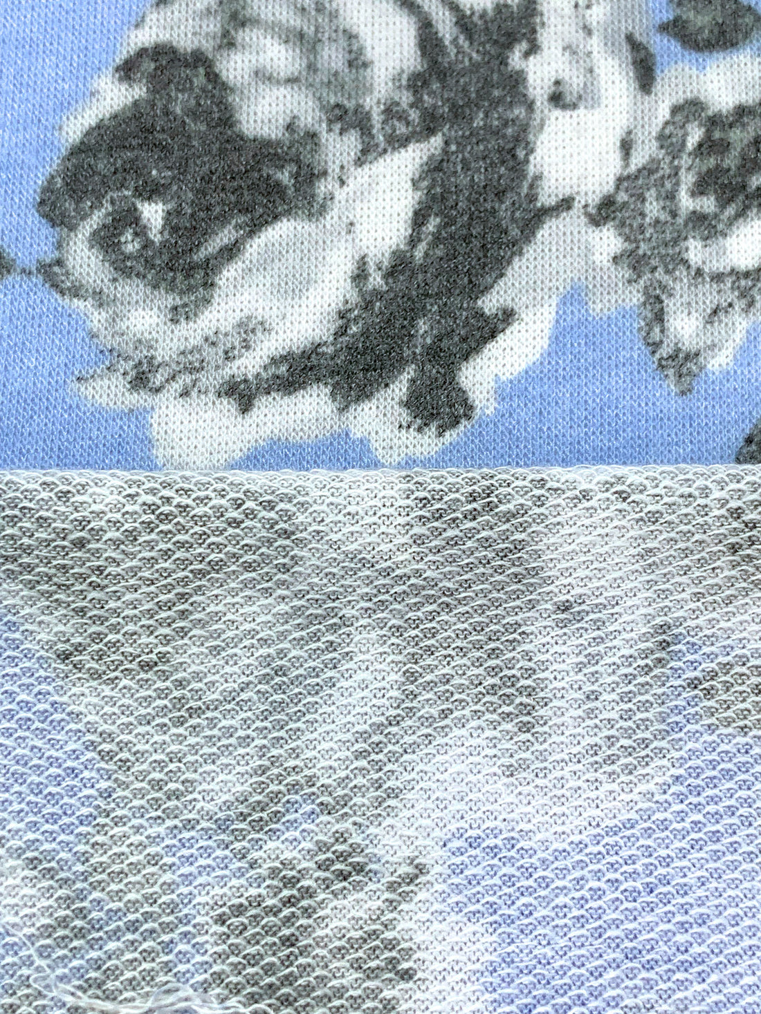 Light Steel Blue/Dark Moon Gray/White Polyester/Rayon/Lycra Floral Print French Terry Knit 56W