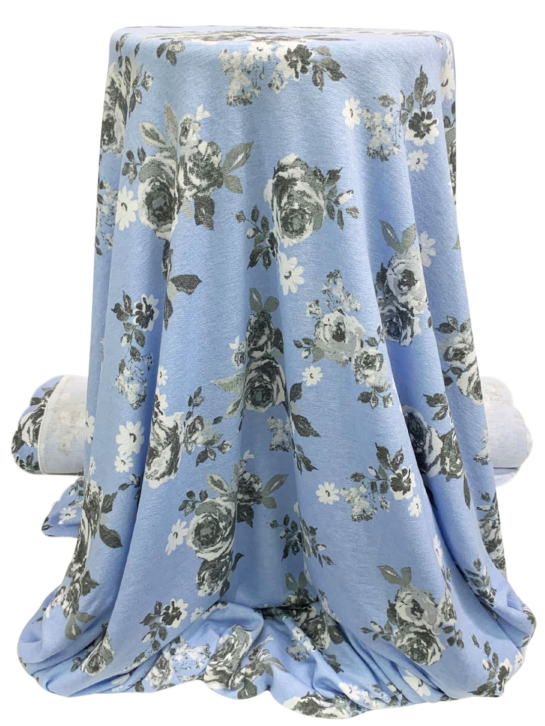 Light Steel Blue/Dark Moon Gray/White Polyester/Rayon/Lycra Floral Print French Terry Knit 56W