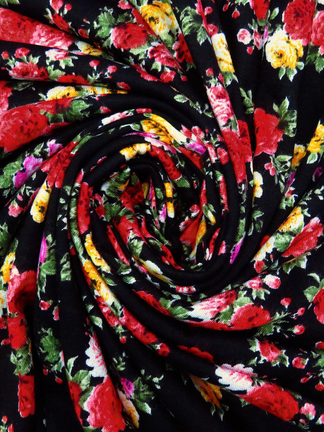 Black/Scarlet/Lemon/Multi Rayon/Lycra Small Floral Cluster Print Jersey Knit 54W