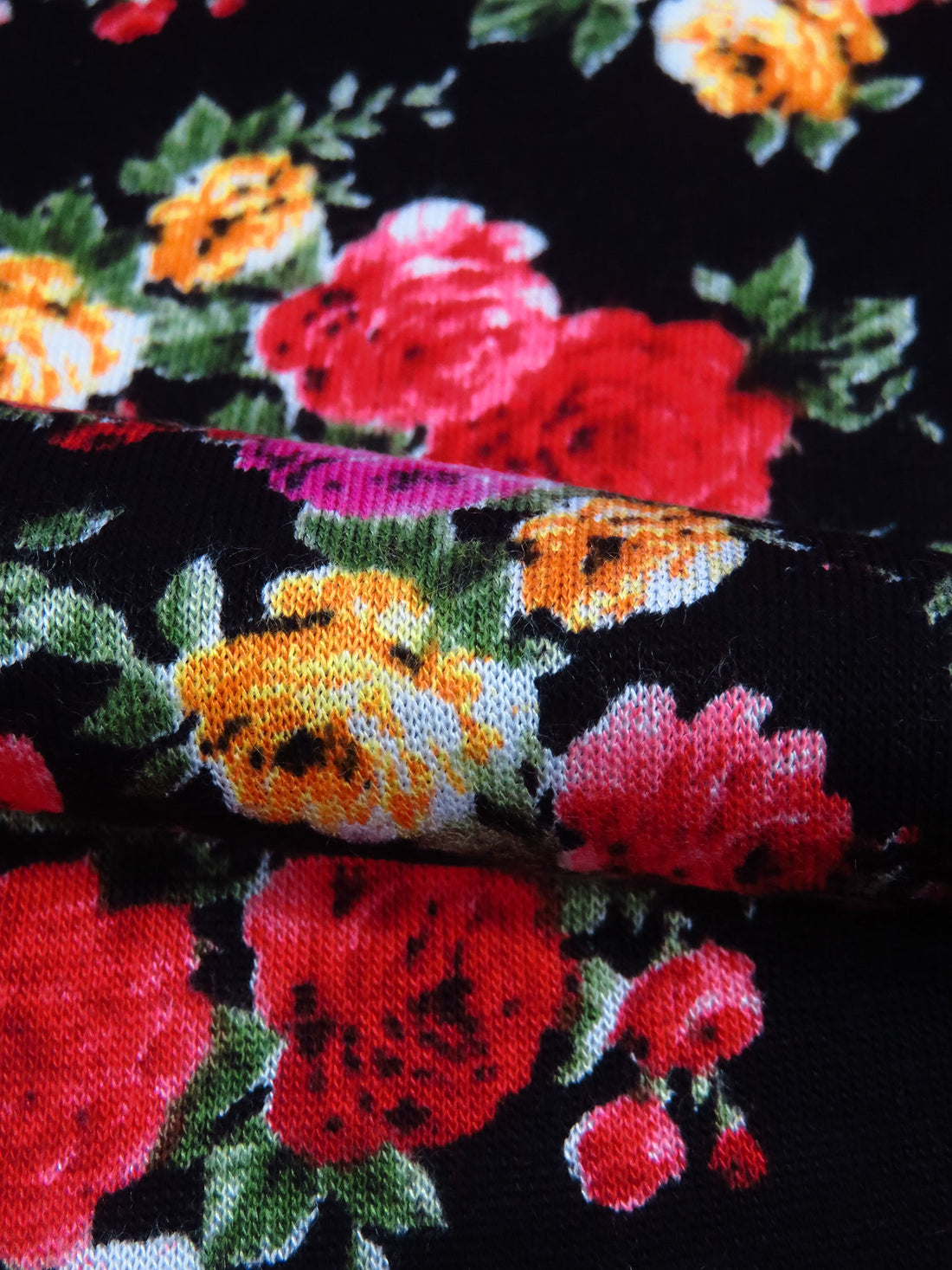 Black/Scarlet/Lemon/Multi Rayon/Lycra Small Floral Cluster Print Jersey Knit 54W