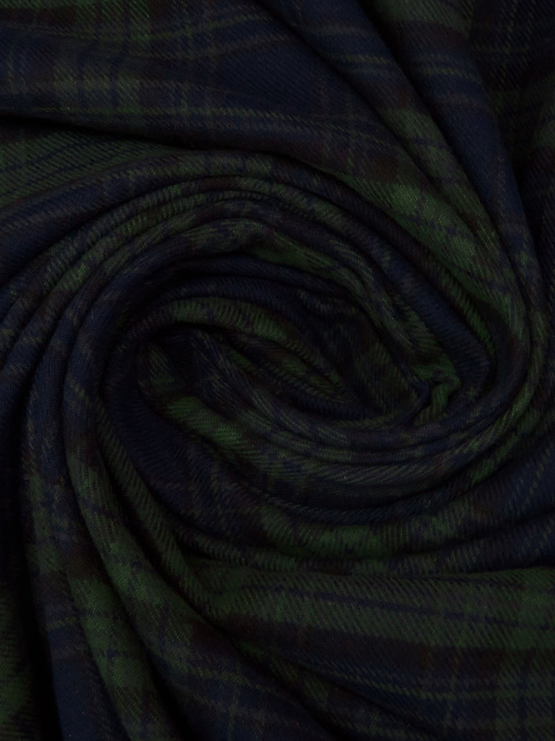 Midnight Navy/Black/Dark Forest Green 100% Cotton Plaid Weave Yarn-Dyed Flannel Shirting - NY Designer - 54W