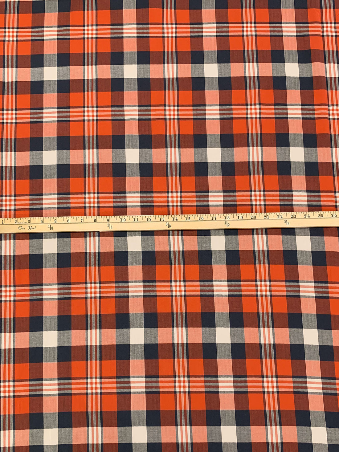 Flame/Muted Navy/Ivory/Multi 100% Cotton Plaid Weave Yarn-Dyed Shirting - NY Designer - 58W