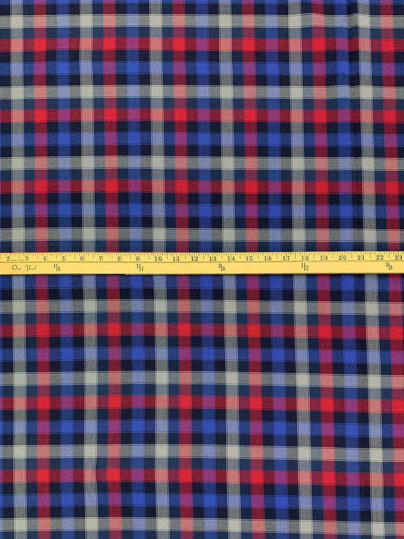 Royal Blue/Amaranth Red/Ash Gray/Multi 100% Cotton Plaid Weave Yarn-Dyed Shirting - NY Designer - 60W