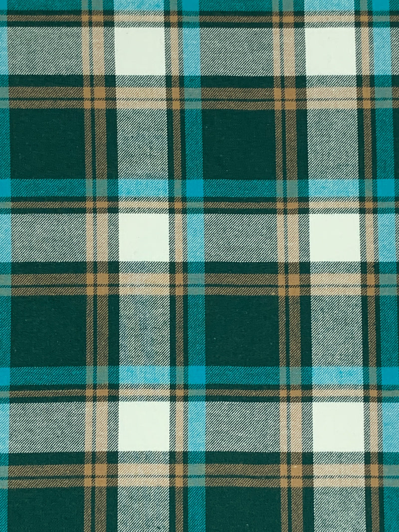 Deep Pine Green/Pacific Blue/Dark Tan/Multi 100% Cotton Plaid Weave Yarn-Dyed Flannel Shirting - NY Designer - 58W