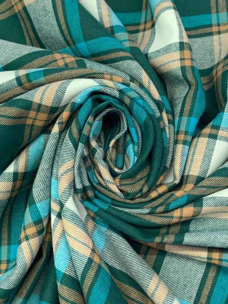 Deep Pine Green/Pacific Blue/Dark Tan/Multi 100% Cotton Plaid Weave Yarn-Dyed Flannel Shirting - NY Designer - 58W