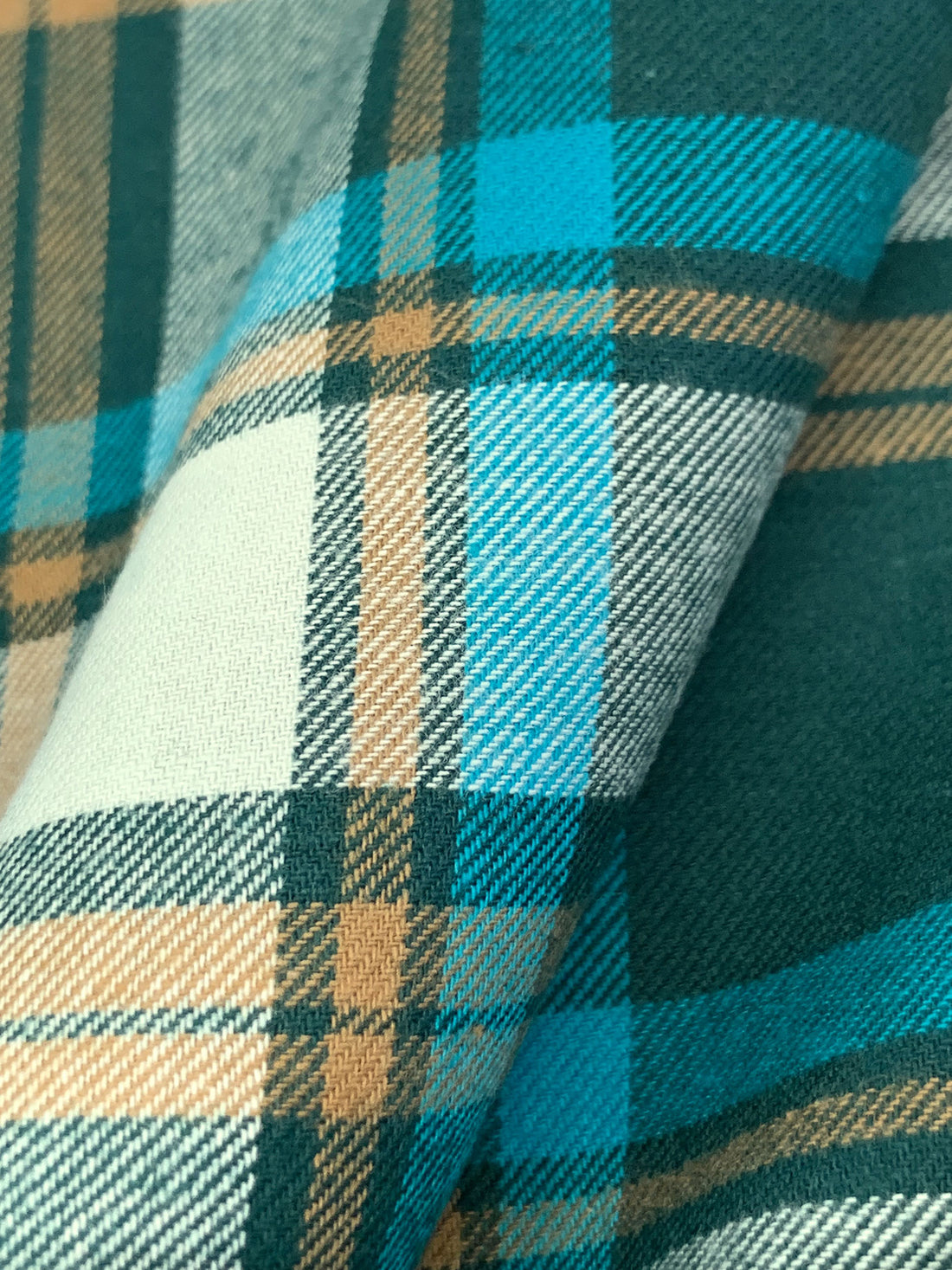 Deep Pine Green/Pacific Blue/Dark Tan/Multi 100% Cotton Plaid Weave Yarn-Dyed Flannel Shirting - NY Designer - 58W