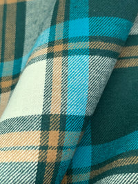 Deep Pine Green/Pacific Blue/Dark Tan/Multi 100% Cotton Plaid Weave Yarn-Dyed Flannel Shirting - NY Designer - 58W