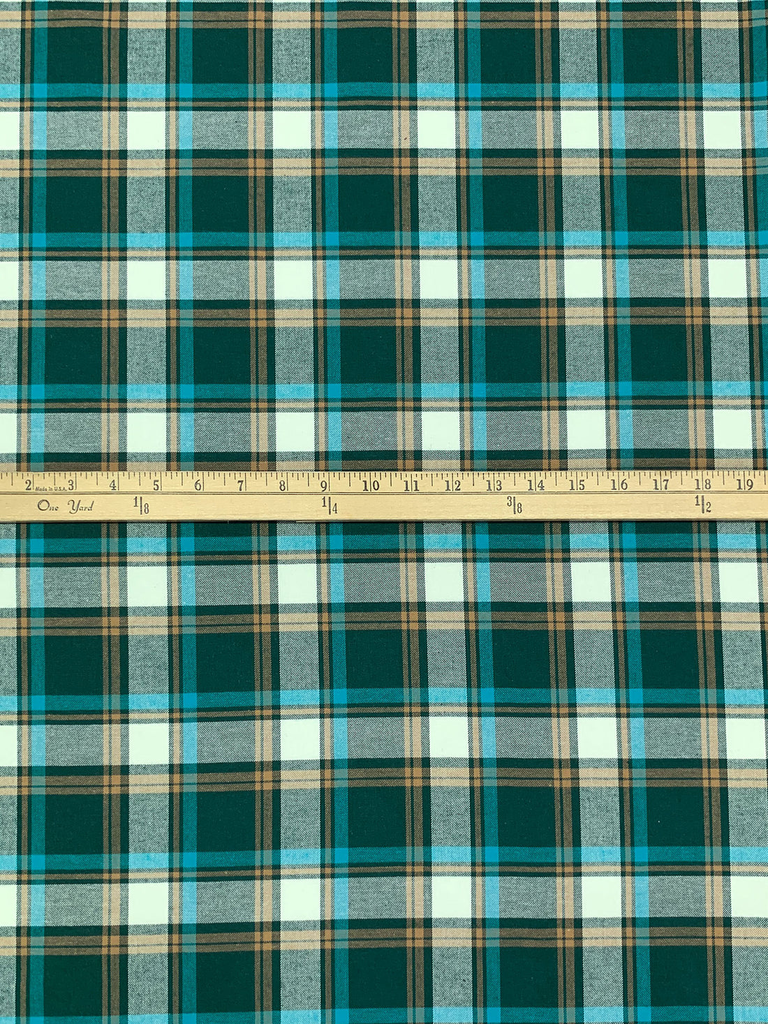 Deep Pine Green/Pacific Blue/Dark Tan/Multi 100% Cotton Plaid Weave Yarn-Dyed Flannel Shirting - NY Designer - 58W