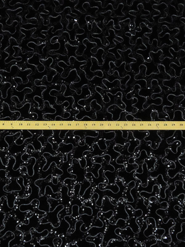 Black Polyester/Acetate Meandering Cord And Sequins Design Embellished Velvet 40W