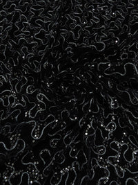 Black Polyester/Acetate Meandering Cord And Sequins Design Embellished Velvet 40W