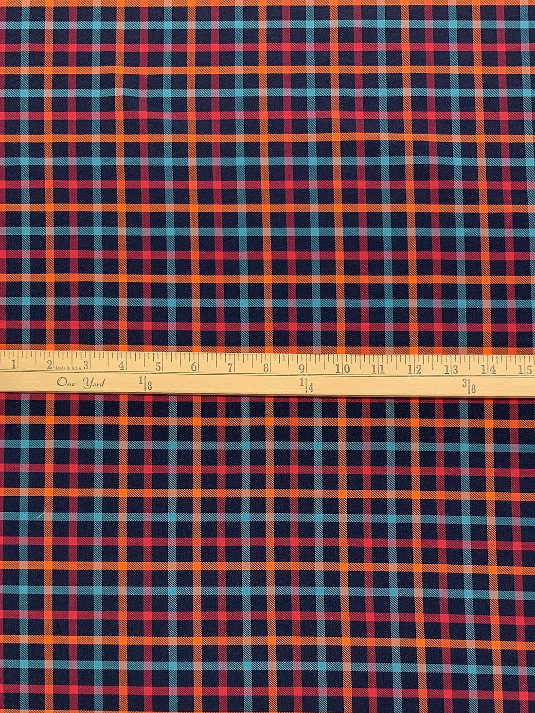 Prussian Blue/Vivid Orange/Teal Blue 100% Cotton Plaid Weave Yarn-Dyed Shirting - NY Designer - 60W