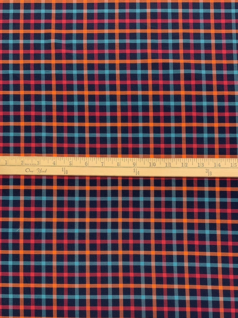Prussian Blue/Vivid Orange/Teal Blue 100% Cotton Plaid Weave Yarn-Dyed Shirting - NY Designer - 60W