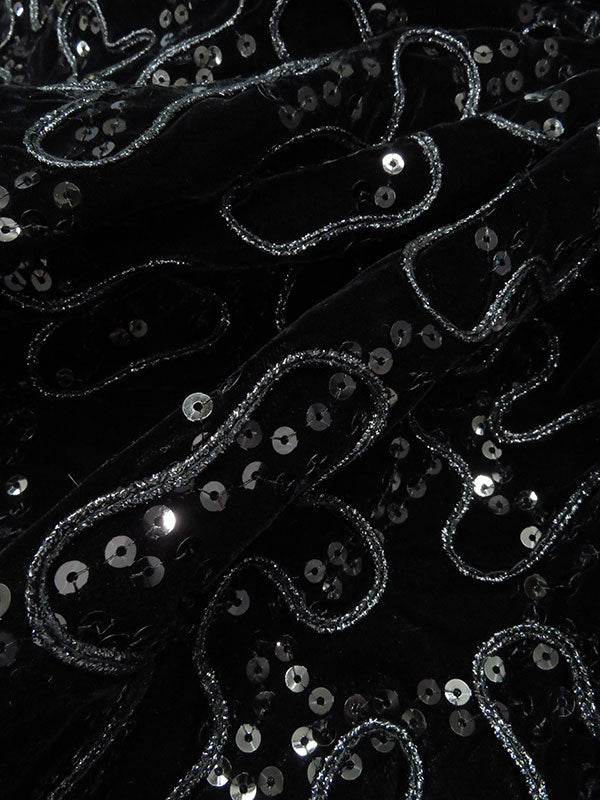 Black Polyester/Acetate Meandering Cord And Sequins Design Embellished Velvet 40W