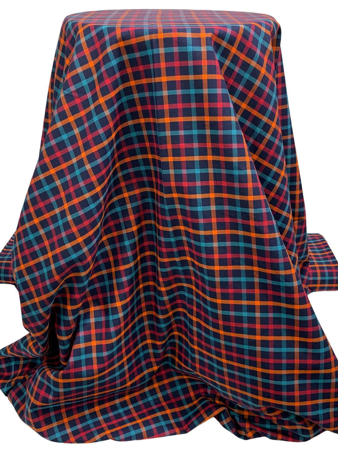 Prussian Blue/Vivid Orange/Teal Blue 100% Cotton Plaid Weave Yarn-Dyed Shirting - NY Designer - 60W