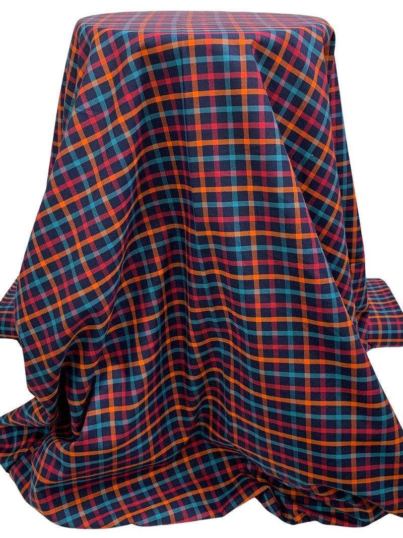 Prussian Blue/Vivid Orange/Teal Blue 100% Cotton Plaid Weave Yarn-Dyed Shirting - NY Designer - 60W