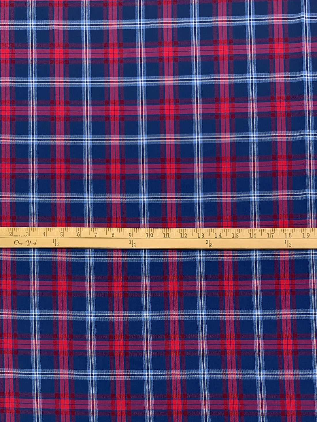 Dark Royal Blue/Vivid Crimson/White 100% Cotton Plaid Weave Yarn-Dyed Shirting - NY Designer - 58W