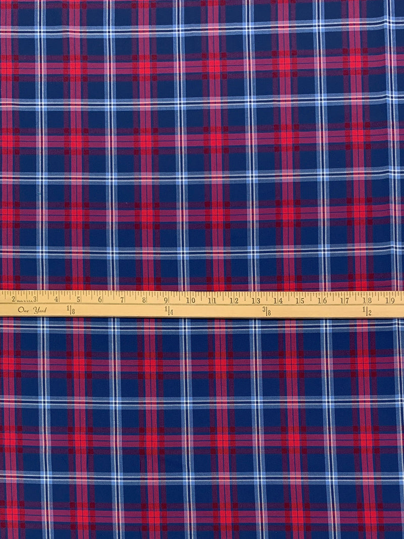 Dark Royal Blue/Vivid Crimson/White 100% Cotton Plaid Weave Yarn-Dyed Shirting - NY Designer - 58W