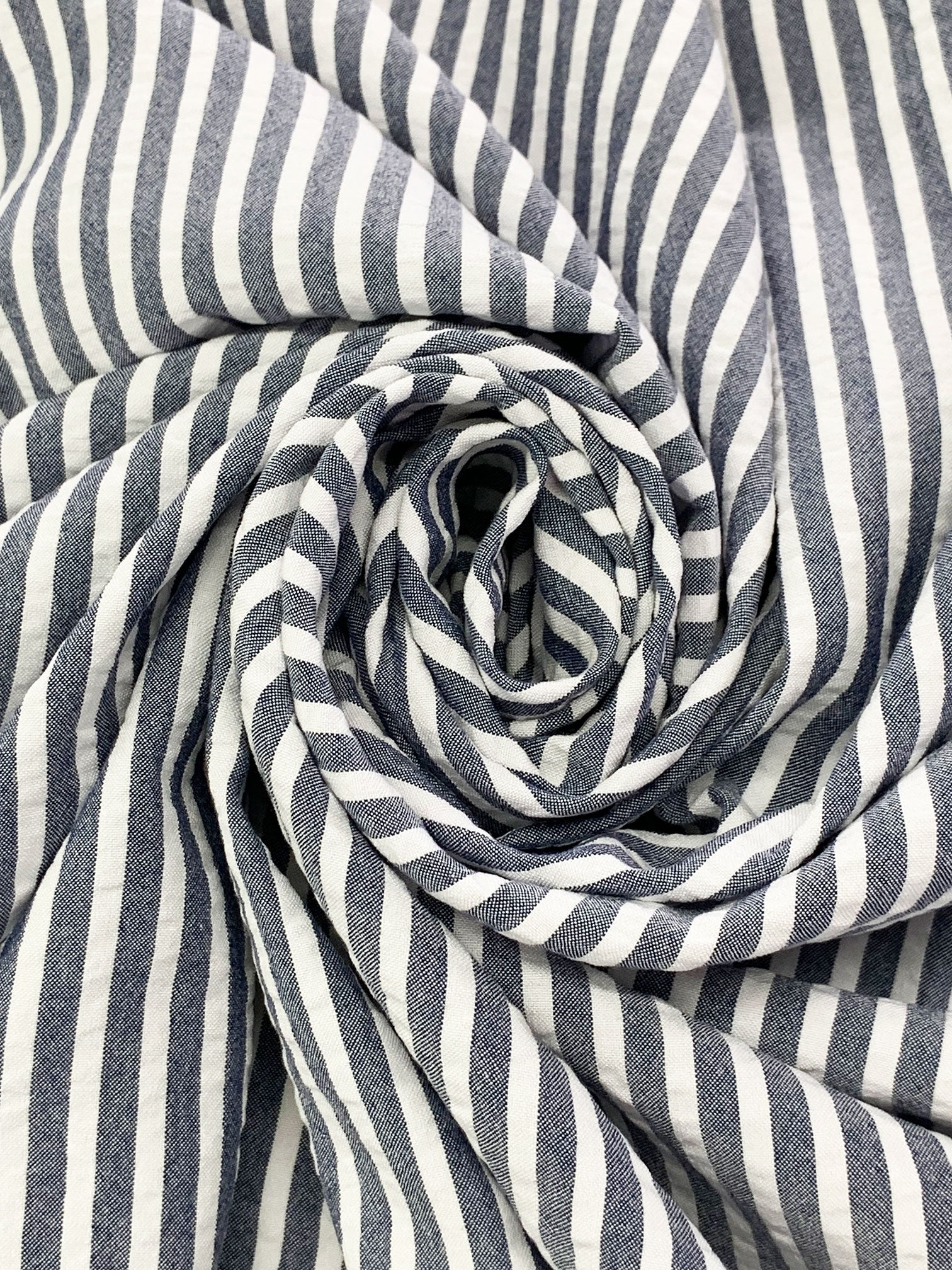 Navy/White 100% Rayon Vertical Stripe Seersucker Shirting