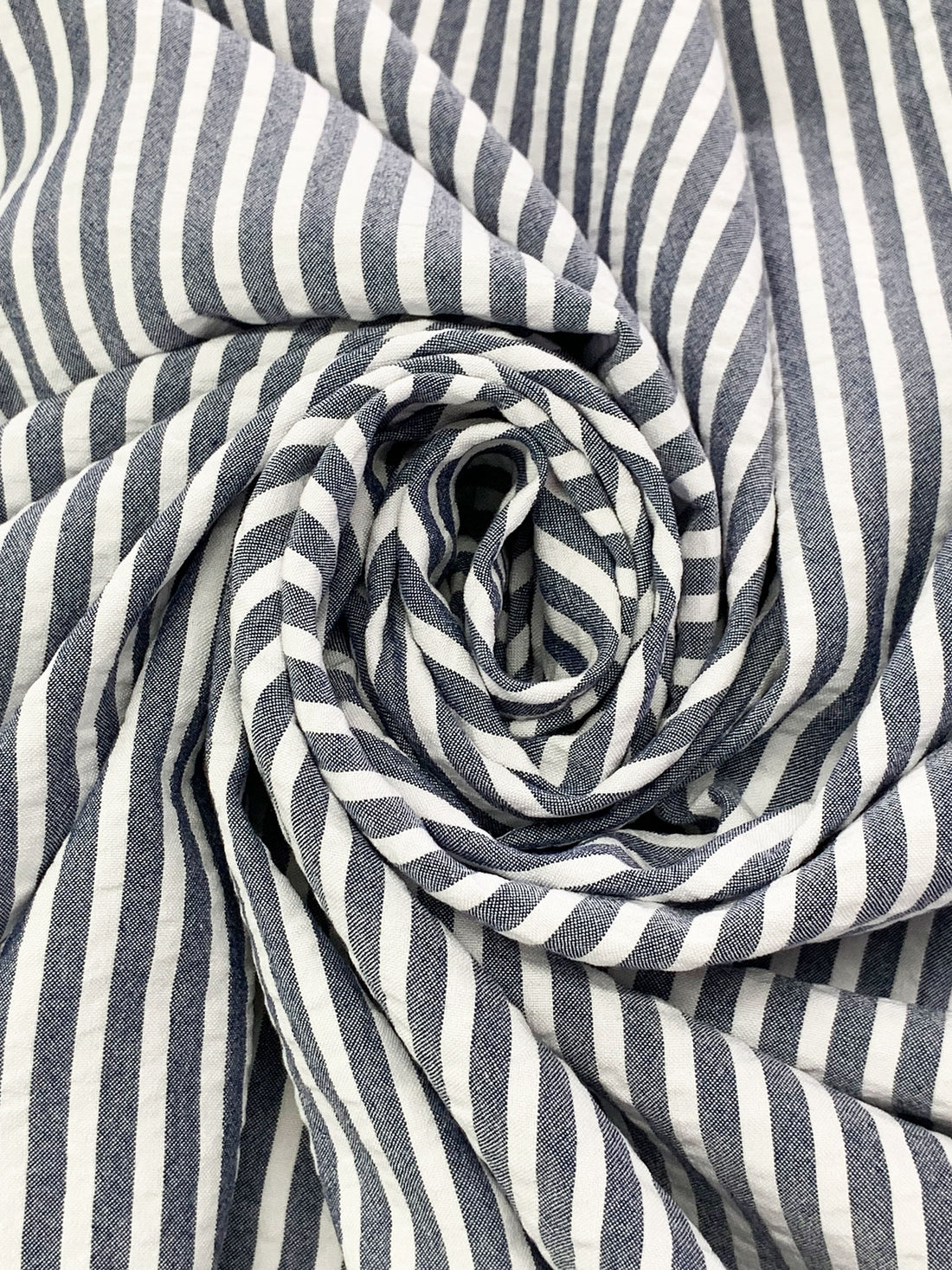 Navy/White 100% Rayon Vertical Stripe Seersucker Shirting - NY Designer - 56W