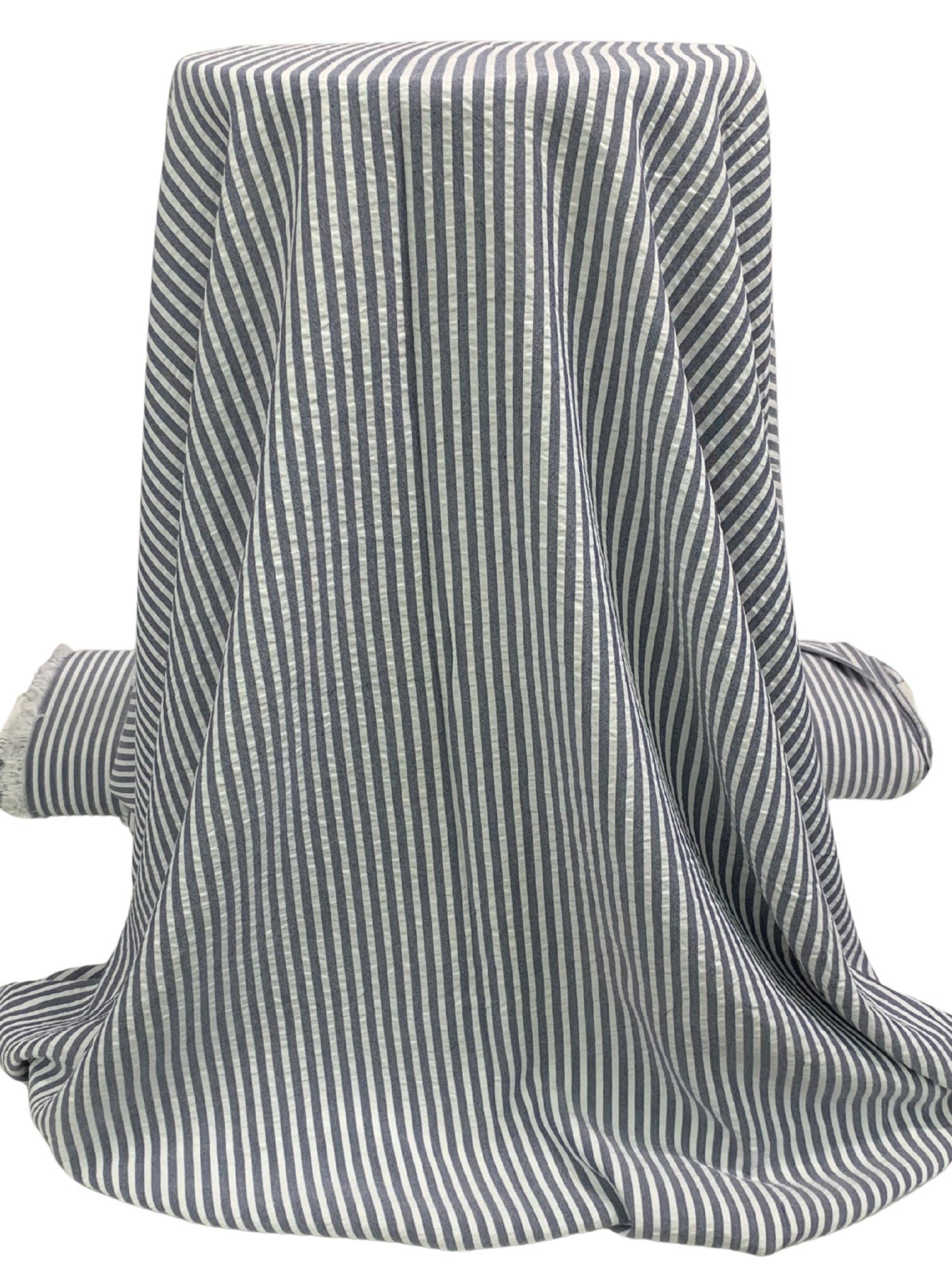 Navy/White 100% Rayon Vertical Stripe Seersucker Shirting