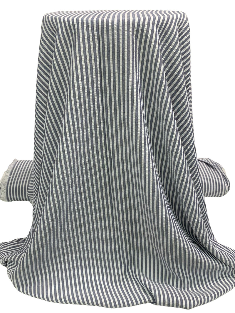 Navy/White 100% Rayon Vertical Stripe Seersucker Shirting - NY Designer - 56W