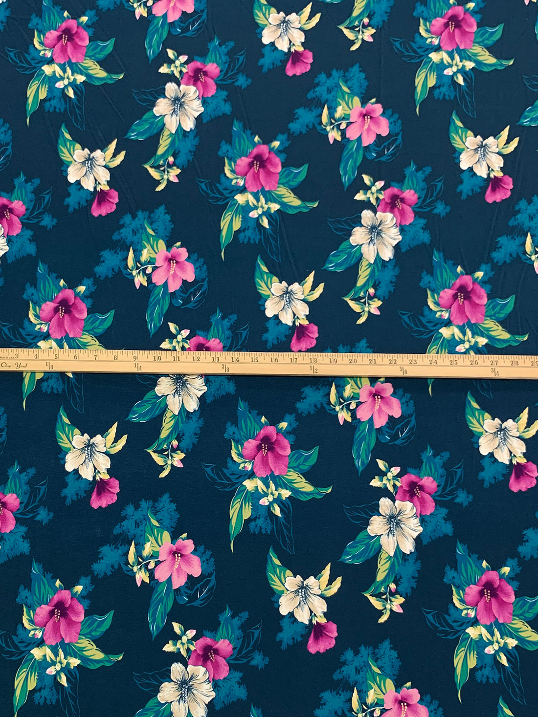 Deep Sea Blue/Pale Goldenrod/Magenta/Multi Rayon/Lycra Floral Print Jersey Knit - NY Designer - 60W