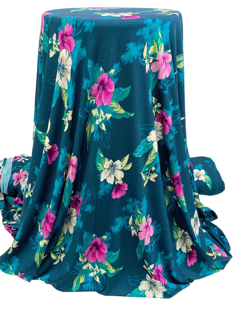 Deep Sea Blue/Pale Goldenrod/Magenta/Multi Rayon/Lycra Floral Print Jersey Knit - NY Designer - 60W