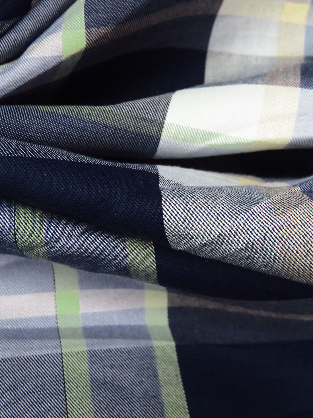 Midnight Navy/Sage/Slate Gray/Multi Cotton/Rayon Yarn-Dyed Plaid Weave Shirting - NY Designer - 56W