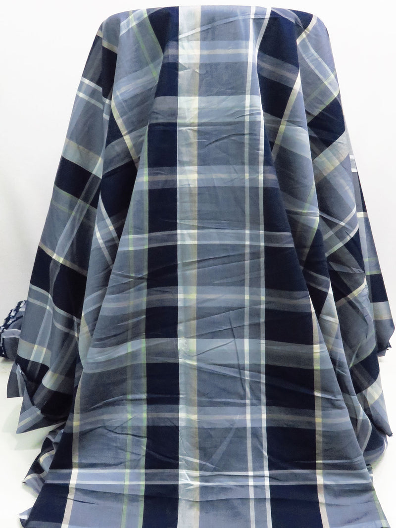 Midnight Navy/Sage/Slate Gray/Multi Cotton/Rayon Yarn-Dyed Plaid Weave Shirting - NY Designer - 56W