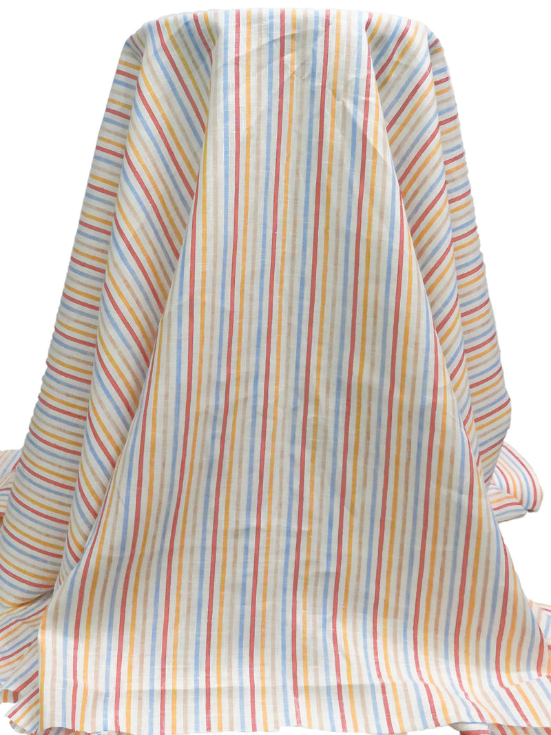 White/Marigold/Iceberg Blue/Multi 100% Linen Vertical Stripe Weave Shirt Weight Woven - NY Designer - 60W