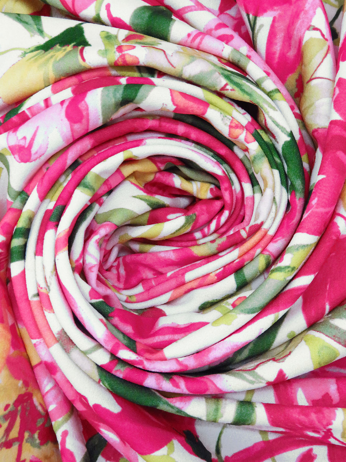 Off-White/French Fuchsia/Light Yellow/Multi Polyester/Lycra Artistic Floral Print Crepe Techno Knit 56W