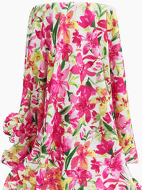 Off-White/French Fuchsia/Light Yellow/Multi Polyester/Lycra Artistic Floral Print Crepe Techno Knit 56W
