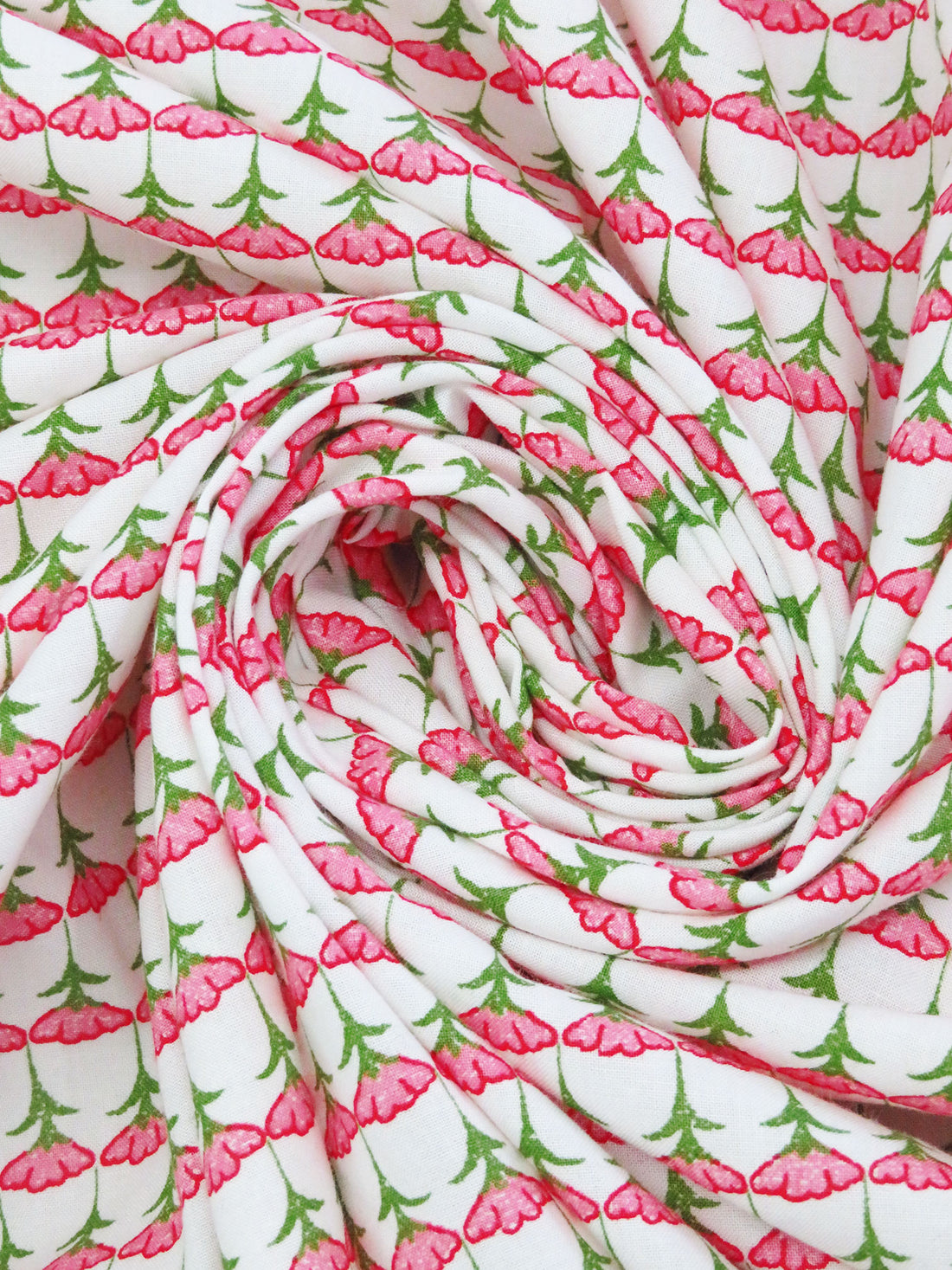 White/Fern Green/Light Coral/Multi 100% Cotton Floral Rows Print Lawn - NY Designer - 60W