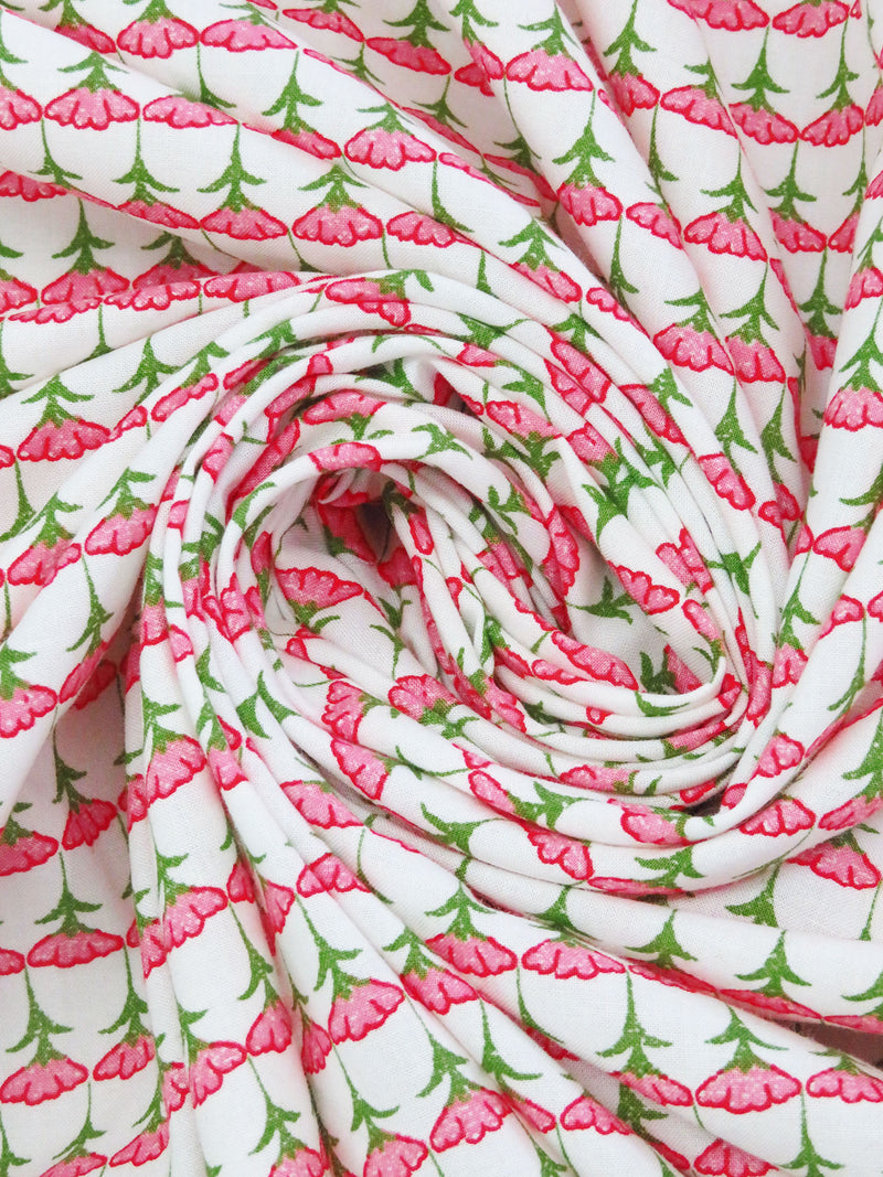 White/Fern Green/Light Coral/Multi 100% Cotton Floral Rows Print Lawn - NY Designer - 60W