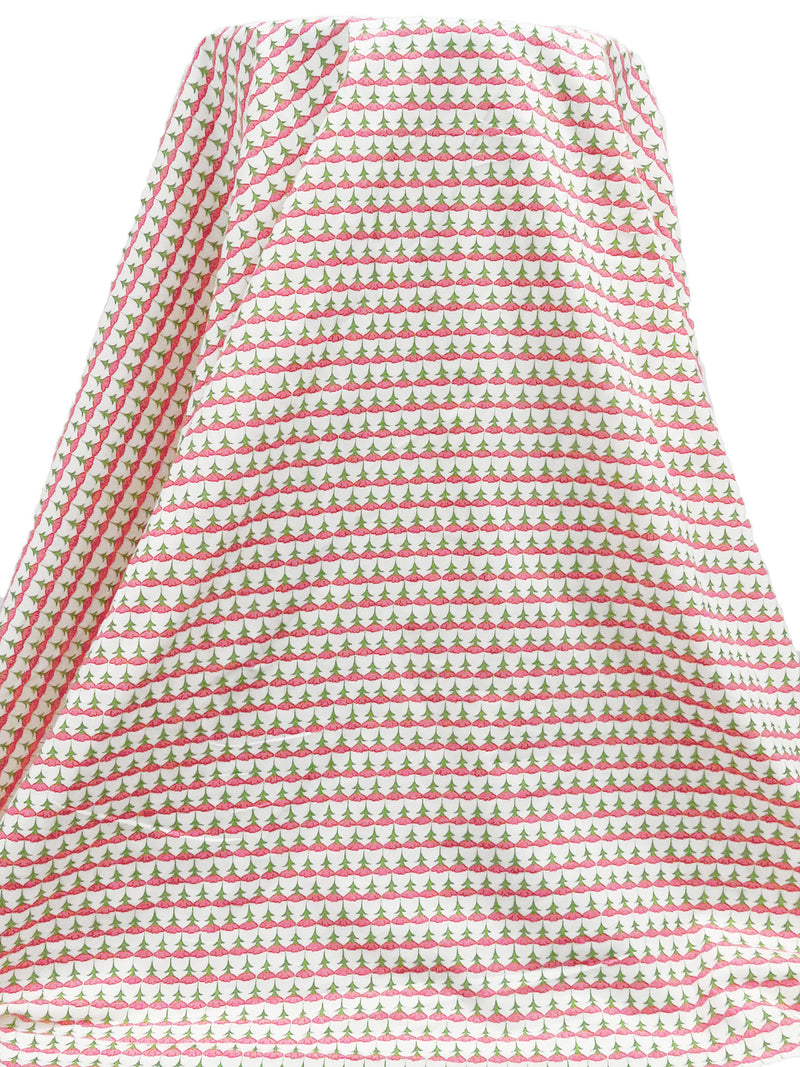 White/Fern Green/Light Coral/Multi 100% Cotton Floral Rows Print Lawn - NY Designer - 60W