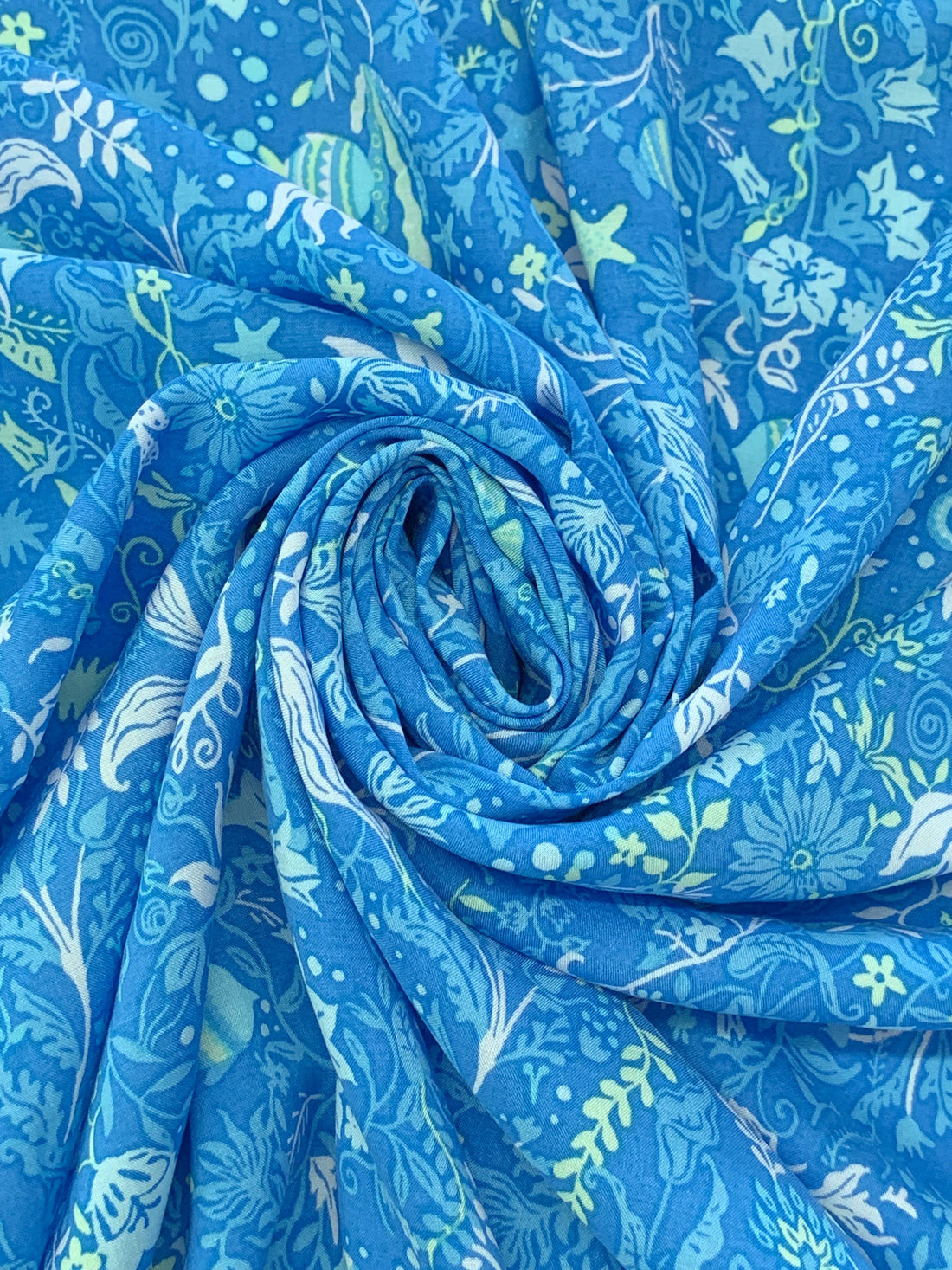 Vivid Cool Blue/Tea Green/Pale Blue/Multi 100% Rayon Deep Sea Life Print Challis - NY Designer - 56W